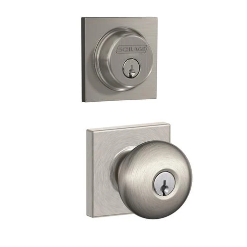 Schlage® Plymouth Satin Nickel Entry Door Knob With Collins Trim And Single Cylinder Door Deadbolt 1 Schlage® Plymouth Satin Nickel Entry Door Knob With Collins Trim And Single Cylinder Door Deadbolt
