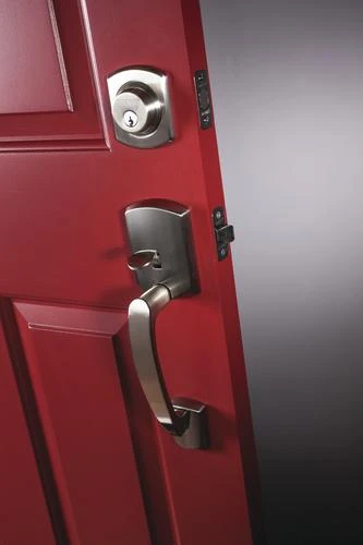 Schlage® Greenwich Satin Nickel Entry Door Lever Handleset And Single Cylinder Door Deadbolt 2 Schlage® Greenwich Satin Nickel Entry Door Lever Handleset And Single Cylinder Door Deadbolt - Image 2