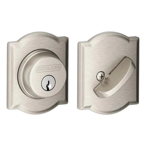 Schlage® Satin Nickel Single Cylinder Entry Door Deadbolt With Camelot Trim 5 Schlage® Satin Nickel Single Cylinder Entry Door Deadbolt With Camelot Trim - Image 5