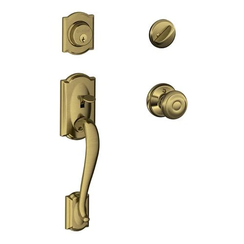Schlage® Camelot Antique Brass Entry Door Knob Handleset And Single Cylinder Door Deadbolt 1 Schlage® Camelot Antique Brass Entry Door Knob Handleset And Single Cylinder Door Deadbolt
