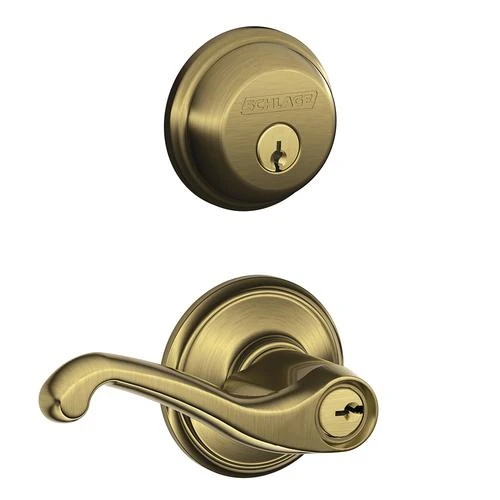 Schlage® Flair Antique Brass Entry Door Lever And Single Cylinder Door Deadbolt 1 Schlage® Flair Antique Brass Entry Door Lever And Single Cylinder Door Deadbolt